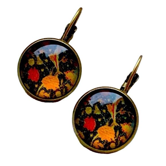 Jewelry - Gilded Black Chiyogami Earrings Glass Cabochon Handmade Dangles
